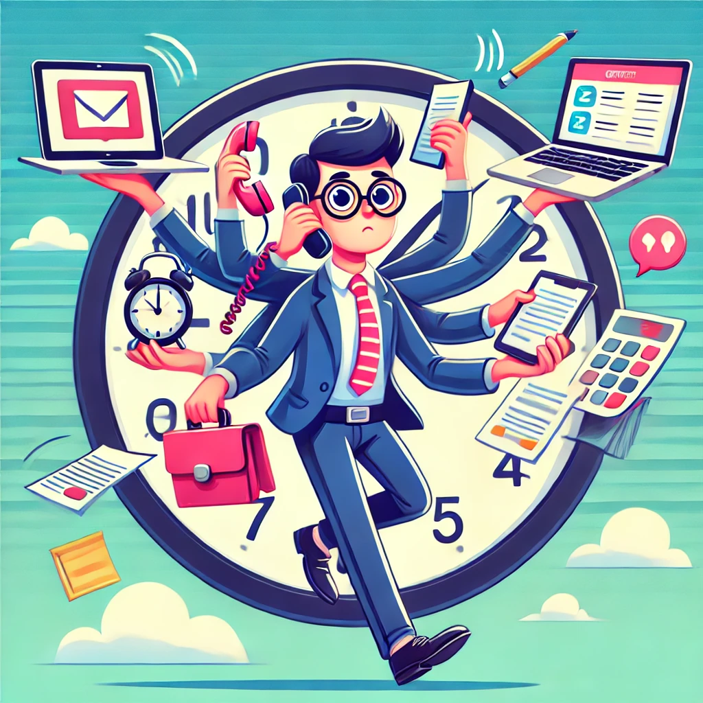 Dall·e 2025 02 03 10.24.33 A Fun And Colorful Digital Illustration Of A Busy Entrepreneur Juggling Multiple Tasks, Including Emails, Phone Calls, And Meetings, While A Large Clo - RVT Assessoria Contábil