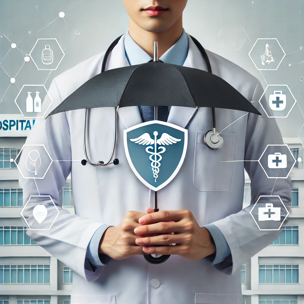 Dall·e 2025 02 17 09.18.16 A Professional Doctor Wearing A White Coat And Stethoscope, Holding An Umbrella Over A Hospital Building Symbolizing Protection. The Background Is Cle - RVT Assessoria Contábil